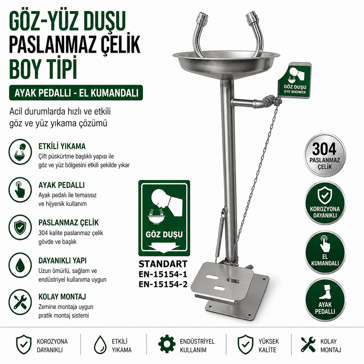 Boy Tipi Göz Duşu Ayaklı Pedallı ve El Kumandalı 304 Paslanmaz Çelik Göz Yıkama İstasyonu