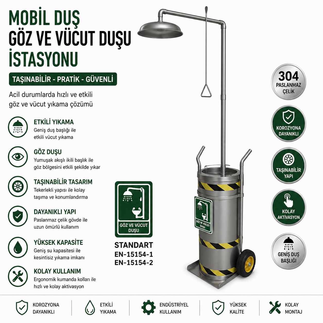 Taşınabilir Vücut Duşu 75 LT Tekerlekli Emniyet Duşu