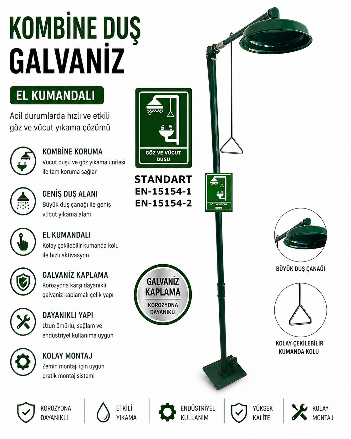 Galvaniz Kombine Göz ve Vücut Duşu El Kumandalı Ayaklı Duş Sistemi
