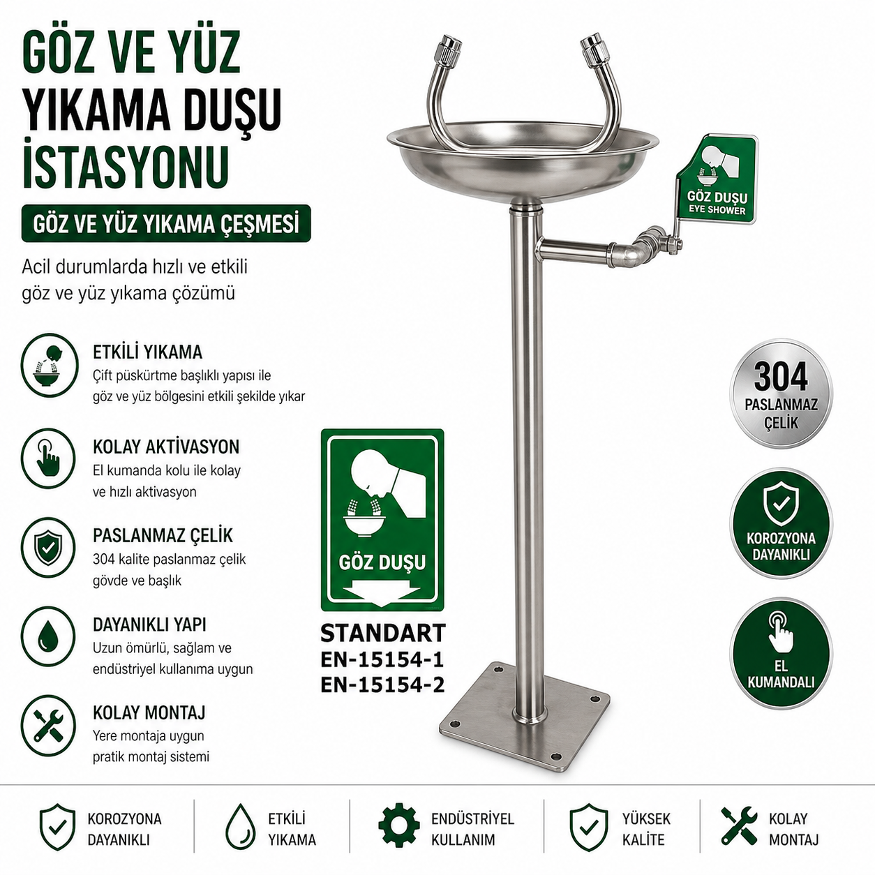 Boy Tipi Göz Duşu Ayaklı Paslanmaz Çelik El Kumandalı Göz Yıkama İstasyonu