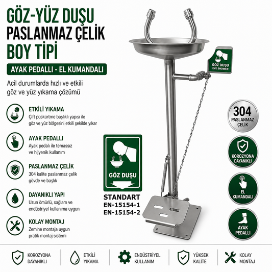 Boy Tipi Göz Duşu Ayaklı Pedallı ve El Kumandalı 304 Paslanmaz Çelik Göz Yıkama İstasyonu