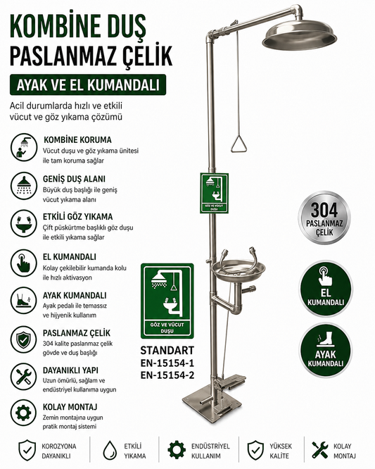 Kombine Acil Duş Göz ve Vücut 304 Paslanmaz Çelik Ayak ve El Kumandalı Duş