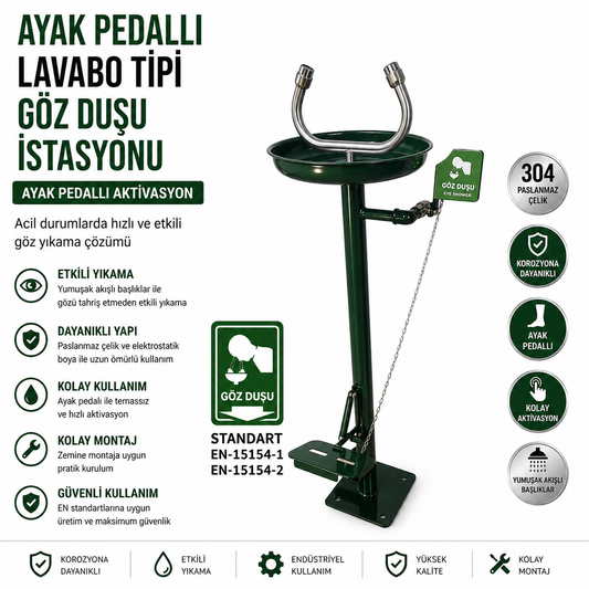 Boy Tipi Göz Duşu Ayaklı Pedallı ve El Kumandalı Galvaniz Çelik Göz Yıkama İstasyonu