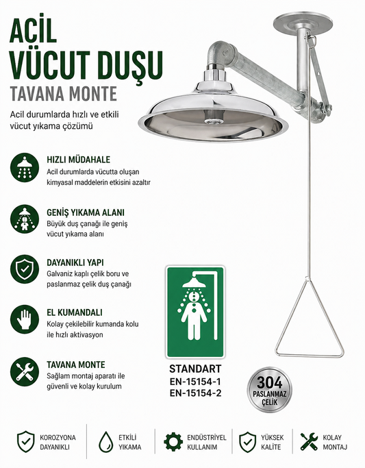 Acil Vücut Duşu Paslanmaz Çelik Tavan Tipi El Kumandalı Duş