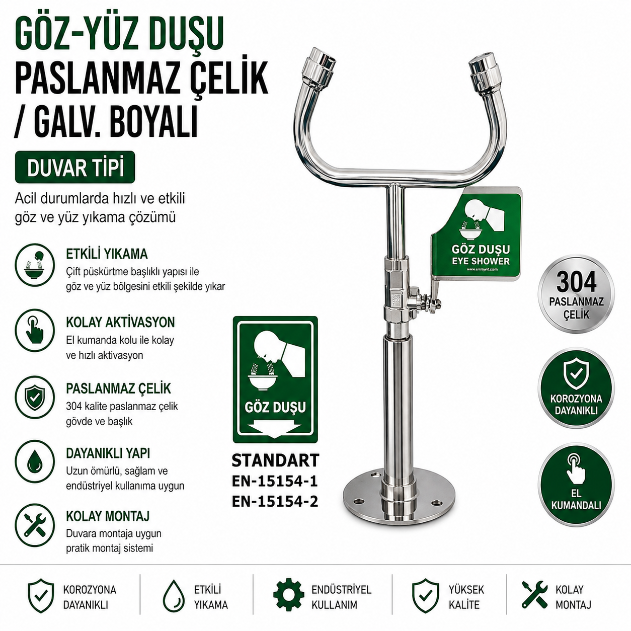 Göz ve Yüz Duşu El Kumandalı Paslanmaz Çelik Göz Yıkama İstasyonu