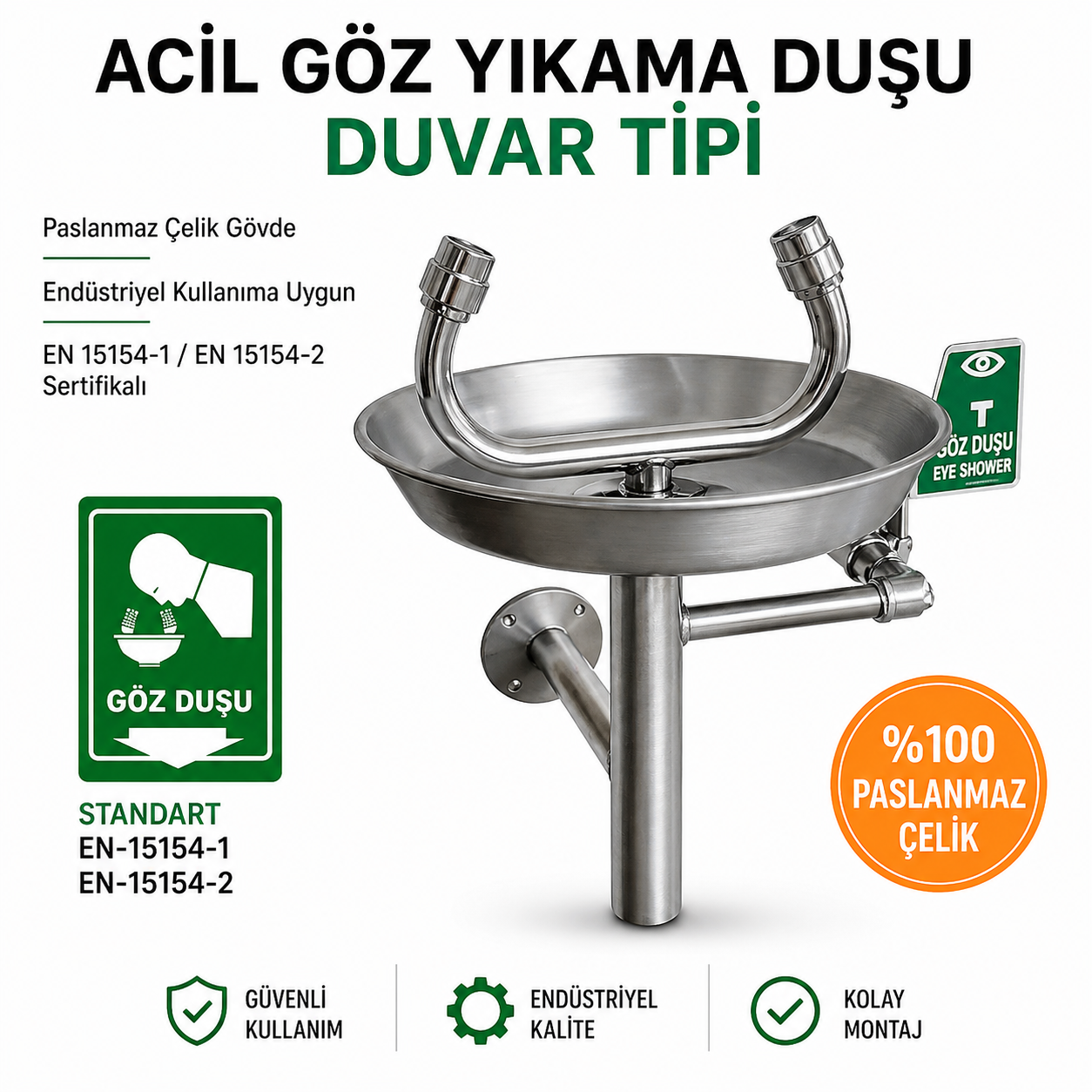 Duvar Tipi Göz Duşu Kasalı El Kumandalı Paslanmaz Çelik