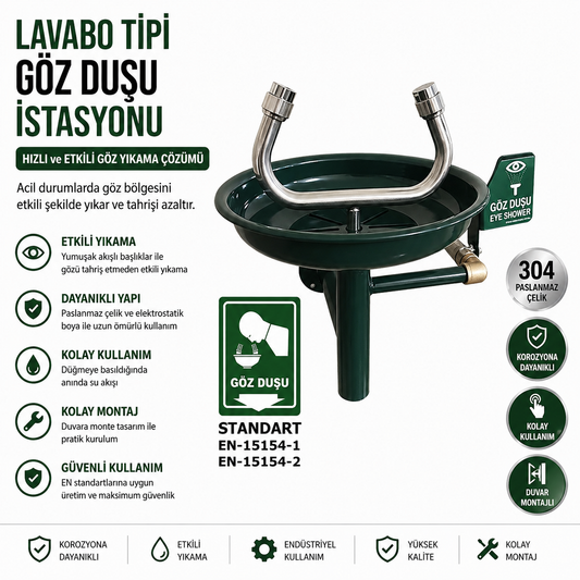 Göz ve Yüz Duşu Galvaniz Boyalı Duvar Tipi El Kumandalı Göz Yıkama İstasyonu Kapaklı