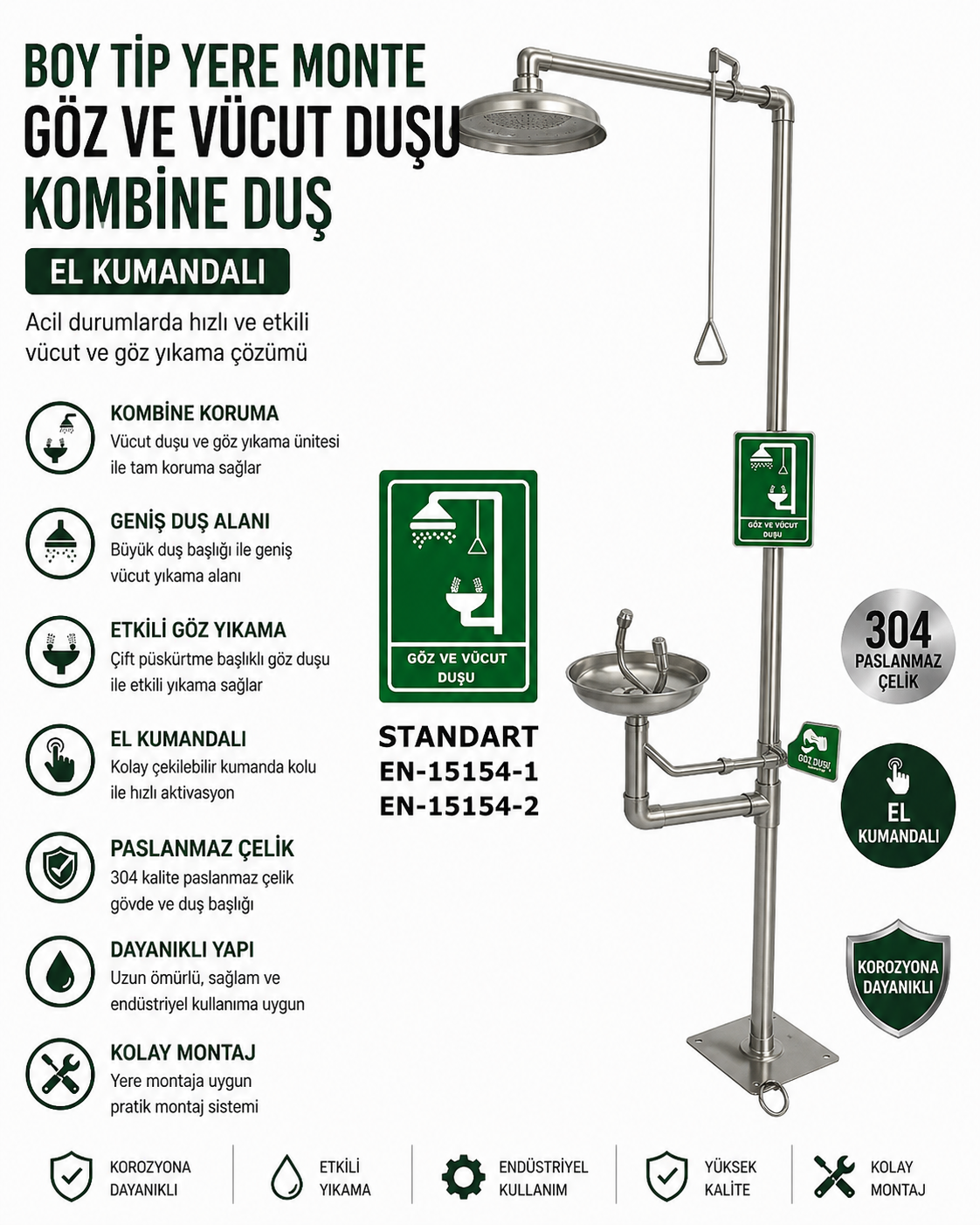 Kombine Acil Duş Göz ve Vücut Paslanmaz Çelik El Kumandalı Duş
