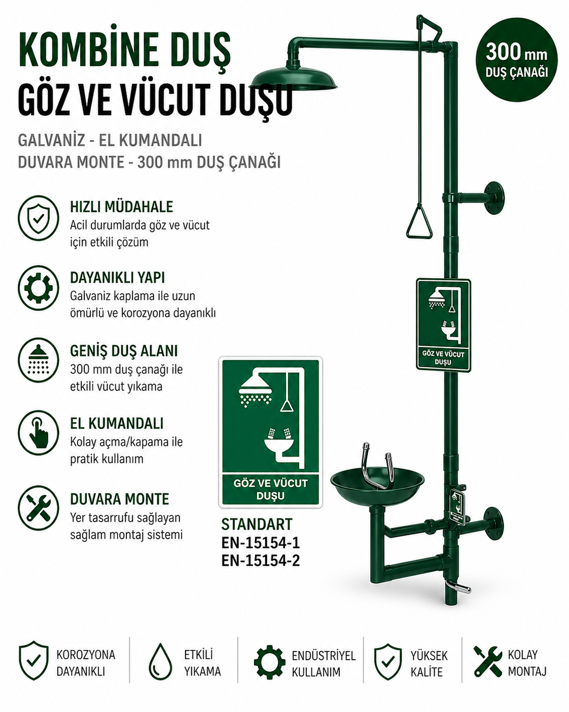 Kombine Acil Duş Göz Vücut Galvaniz El Kumandalı Duvar Tipi Duş
