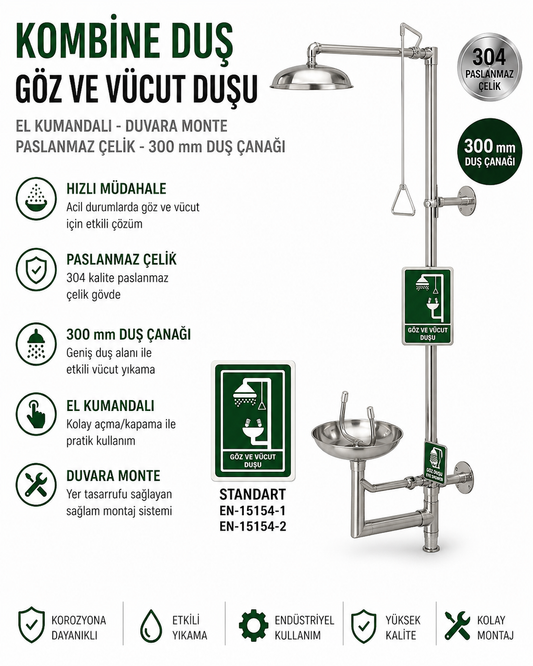 Kombine Acil Duş Göz ve Vücut Paslanmaz Çelik  El Kumandalı Duvar Tipi Duş