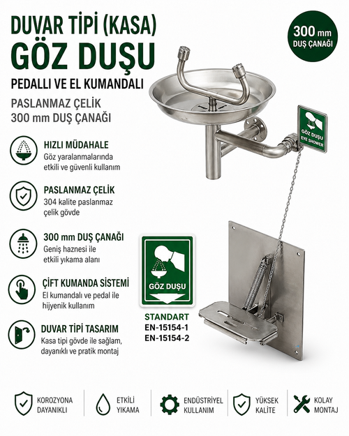 Duvar Tipi Göz Duşu Kasalı Pedallı El Kumandalı Paslanmaz Çelik Göz Yıkama İstasyonu