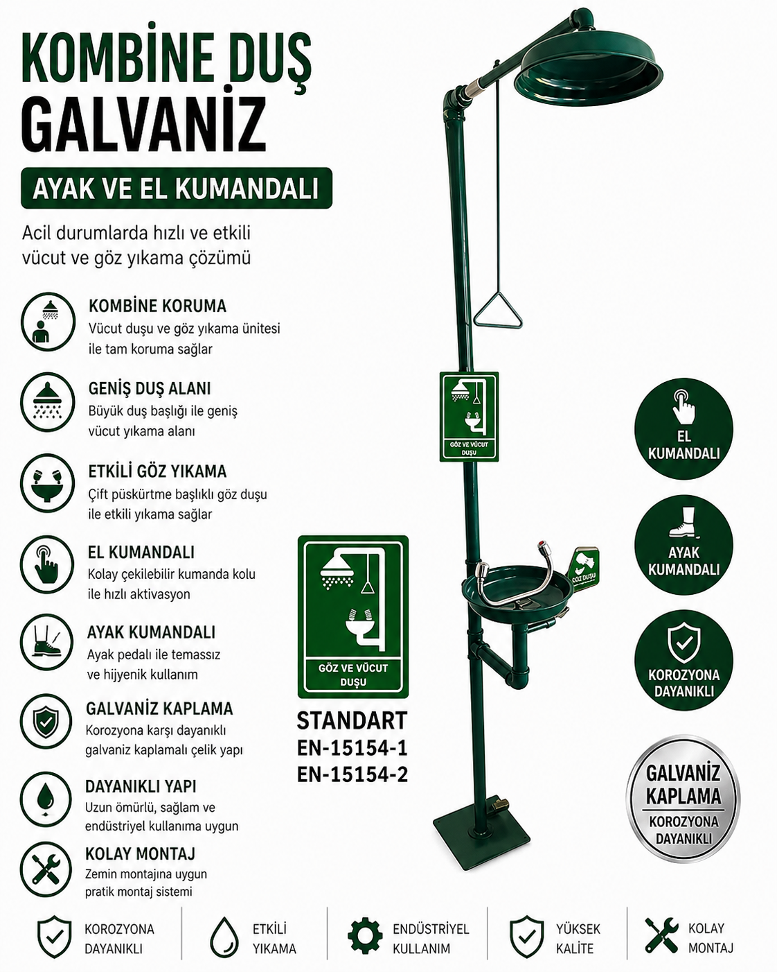 Kombine Acil Duş Göz ve Vücut Galvaniz El Kumandalı Ayaklı Duş