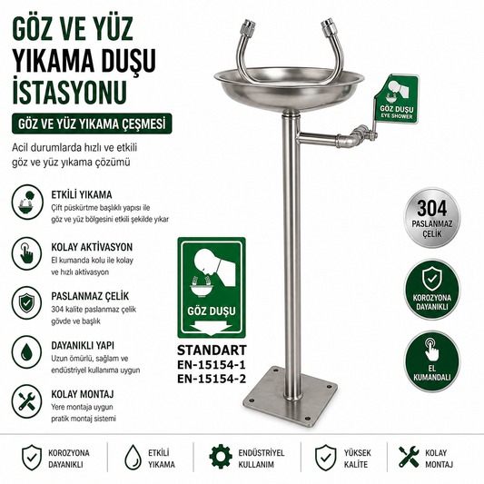 Boy Tipi Göz Duşu Ayaklı Paslanmaz Çelik El Kumandalı Göz Yıkama İstasyonu